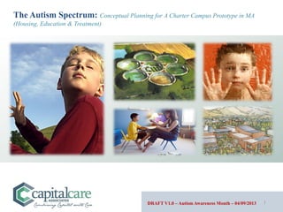 The Autism Spectrum: Conceptual Planning for A Charter Campus Prototype in MA
(Housing, Education & Treatment)




                                          DRAFT V1.0 – Autism Awareness Month – 04/09/2013   1
 