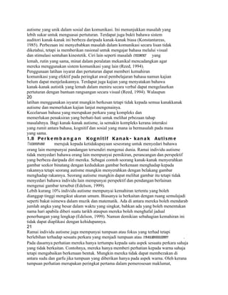 autisme yang unik dalam sosial dan komunikasi. Ini menunjukkan masalah yang
lebih sukar untuk menguasai pertuturan. Terdapat juga bukti bahawa sistem
auditori kanak-kanak ini berbeza daripada kanak-kanak biasa (Konstantareas,
1985). Perbezaan ini menyebabkan masalah dalam komunikasi secara lisan tidak
diketahui, tetapi ia memberikan rasional untuk mengajar bahasa melalui visual
dan stimulasi sentuhan kinestetik. Ciri lain seperti masalah eyecontact yang
lemah, rutin yang sama, minat dalam peralatan mekanikal mencadangkan agar
mereka menggunakan sistem komunikasi yang lain (Reed, 1994).
Penggunaan latihan isyarat dan pertuturan dapat memberi kemahiran
komunikasi yang efektif pada peringkat awal pembelajaran bahasa namun kajian
belum dapat menjelaskannya. Terdapat juga kajian yang menyatakan bahawa
kanak-kanak autistik yang lemah dalam meniru secara verbal dapat mengelaurkan
pertuturan dengan bantuan rangsangan secara visual (Reed, 1994). Walaupun
20
latihan menggunakan isyarat mungkin berkesan tetapi tidak kepada semua kanakkanak
autisme dan memerlukan kajian lanjut mengenainya.
Kecelaruan bahasa yang merupakan perkara yang kompleks dan
memerlukan penaksiran yang berhati-hati untuk melihat prbezaan tahap
masalahnya. Bagi kanak-kanak autisme, ia semakin kompleks kerana interaksi
yang rumit antara bahasa, kognitif dan sosial yang mana ia bermasalah pada masa
yang sama.
1. 8 P e r k e m b a n g a n K o g n i t i f K a n a k - k a n a k A u t i s m e
Theoryofmind    merujuk kepada ketidakupayaan seseorang untuk menyedari bahawa
orang lain mempunyai pandangan tersendiri mengenai dunia. Ramai individu autisme
tidak menyedari bahawa orang lain mempunyai pemikiran, perancangan dan perspektif
yang berbeza daripada diri mereka. Sebagai contoh seorang kanak-kanak menyerahkan
gambar seekor binatang dengan kedudukan gambar berkenaan menghadap kepada
rakannya tetapi seorang autisme mungkin menyerahkan dengan belakang gambar
menghadap rakannya. Seorang autisme mungkin dapat melihat gambar itu tetapi tidak
menyedari bahawa individu lain mempunyai perspektif dan pendangan berlainan
mengenai gambar tersebut (Edelson, 1999).
Lebih kurang 10% individu autisme mempunyai kemahiran tertentu yang boleh
dianggap tinggi mengikut ukuran umum. Biasanya ia berkaitan dengan ruang semulajadi
seperti bakat isimewa dalam muzik dan matematik. Ada di antara mereka boleh mendarab
jumlah angka yang besar dalam waktu yang singkat, bahkan ada yang boleh menentukan
nama hari apabila diberi suatu tarikh ataupun mereka boleh menghafal jadual
penerbangan yang lengkap (Edelson, 1999). Namun demikian sebahagian kemahiran ini
tidak dapat diaplikasi dengan kehidupannya.
21
Ramai individu autisme juga mempunyai tumpuan atau fokus yang terhad tetapi
berlebihan terhadap sesuatu perkara yang menjadi tumpuan atau stimulus lecitivity
                                                                        overse      .
Pada dasarnya perhatian mereka hanya tertumpu kepada satu aspek sesuatu perkara sahaja
yang tidak berkaitan. Contohnya, mereka hanya memberi perhatian kepada warna sahaja
tetapi mengabaikan berkenaan bentuk. Mungkin mereka tidak dapat membezakan di
antara sudu dan garfu jika tumpuan yang diberikan hanya pada aspek warna. Oleh kerana
tumpuan perhatian merupakan peringkat pertama dalam pemerosesan maklumat,
 