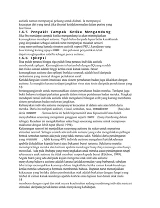 autistik namun mempunyai peluang untuk diubati. Ia mempunyai
kecacatan diri yang teruk jika disertai ketidaknormalan dalam purine yang
luar biasa.
1. 6 . 5 P e n y a k i t C a m p a k K e t i k a M e n g a n d u n g
Jika ibu mendapat campak ketika mengandung ia akan meningkatkan
kemungkinan mendapat autisme. Tujuh belas daripada lapan belas kanakkanak
yang dinyatakan sebagai autistik turut mempunyai masalah sensori
yang menyumbang kepada simpton autistik seperti PKU, kesedaran yang
luas tentang kurang upaya disorder dan peluasan penyuntikan telah
dapat menghapuskan rubella sebagai punca autisme.
1. 6 . 6 E p i l e p s i
Dua puluh peratus hingga tiga puluh lima peratus individu autistik
membentuk epilepsi. Kemungkinan ia bertambah dengan IQ yang rendah
dan risiko sawan adalah tinggi ketika awal kanak-kanak. Besar
kemungkinan autisme dan epilepsi berlaku serentak adalah hasil daripada
mekanisma yang muncul dengan pertukaran saraf.
Ketidakfungsian sistem imunisasi atau sistem pertahanan badan juga dikaitkan dengan
autisme. Ia mungkin kerana terdapat jangkitan virus atau toxin daripada persekitaran yang
13
bertanggungjawab untuk memusnahkan sistem pertahanan badan mereka. Terdapat juga
bukti bahawa terdapat perkaitan genetik dalam sistem pertahanan badan mereka. Pengkaji
mendapati ramai individu autistik telah mengalami bilangan cellt yang kurang membantu
sistem pertahanan badan melawan jangkitan.
Kebanyakan individu autisme mempunyai kecacatan di dalam satu atau lebih deria
mereka. Deria itu meliputi auditori, visual, sentuhan, rasa, vestibular
                                                                      Olfactory    (bau) dan
deria proprioseptif . Semua deria ini boleh hipersensitif atau hiposensitif atau boleh
menyebabkan seseorang mengalami gangguan seperti tinnitus (bunyi berdesing dalam
telinga). Keadaan ini mengakibatkan sukar bagi seseorang autisme untuk memproses
maklumat dengan lebih tepat (Reed, 1994).
Kekurangan sensori ini menjadikan seseorang autisme itu sukar untuk menerima
stimulasi normal. Sebagai contoh ada individu autisme yang cuba mengelakkan pelbagai
bentuk sentuhan namun ada pula yang tidak merasa sakit. Melalui deria pendengaran
yang hypersensitive   , lebih kurang 40% individu autisme mengalami ketidakselesaan
apabila didedahkan kepada bunyi atau frekuensi bunyi tertentu. Selalunya mereka
menutup telinga mereka dan tantrum apabila mendengar bunyi bayi menangis atau bunyi
motosikal. Ada pula ibubapa yang menyangkakan anak mereka cacat pendengaran tetapi
sebenarnya anak autisme itu tidak memberi respon kepada bunyi (Edelson, 1999).
Segala bukti yang ada daripada kajian mengenai otak individu autisme
menyokong bahawa autisme adalah kerana ketidaknormalan yang berbentuk sebelum
lahir tetapi menunjukkan kesannya dalam tingkahlaku ketika zaman kanak-kanaknya
ketika mereka seharusnya bermula membentuk bahasa. Dapatan turut menunjukkan
kekacauan yang berlaku dalam pembentukan otak adalah berkaitan dengan fungsi yang
timbul di zaman kanak-kanaknya apabila korteks atau lapisan luar dalam otak mula
14
membesar dengan cepat dan otak secara keseluruhan sedang mendorong individu mencari
stimulasi daripada persekitaran untuk menyokong kehidupan.
 