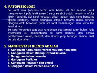 4. PATOFISIOLOGI
Sel saraf otak (neuron) terdiri atas badan sel dan serabut untuk
menyalurkan inpuls listrik (akson) serta serabut untuk menerima infulus
listrik (dendrit). Sel saraf terdapat diluar lapisan otak yang berwarna
kelabu (korteks). Akson dibungkus selaput bernama midin, terletak
dibagian otak berwarna putih sel saraf berhubungan satu sama lain
lewat sinaps.
Sel saraf terbentuk saat usia kandungan tiga sampai tujuh bulan, Pada
trisemester III pembentukan sel saraf berhenti dan dimulai
pembentukan akson, dendrit, dan sinaps yang berlanjut sampai anak
berusia dua tahun.
5. MANIFESTASI KLINIS ADALAH
a. Gangguan Komunikasi Verbal Maupun Nonverbal
b. Gangguan Dalam Bidang Interaksi Sosial.
c. Gangguan dalam bermain
d. Gangguan Perilaku
e. Gangguan Perasaan dan Emosi
f. Gangguan dalam Persepsi Sensoris
 
