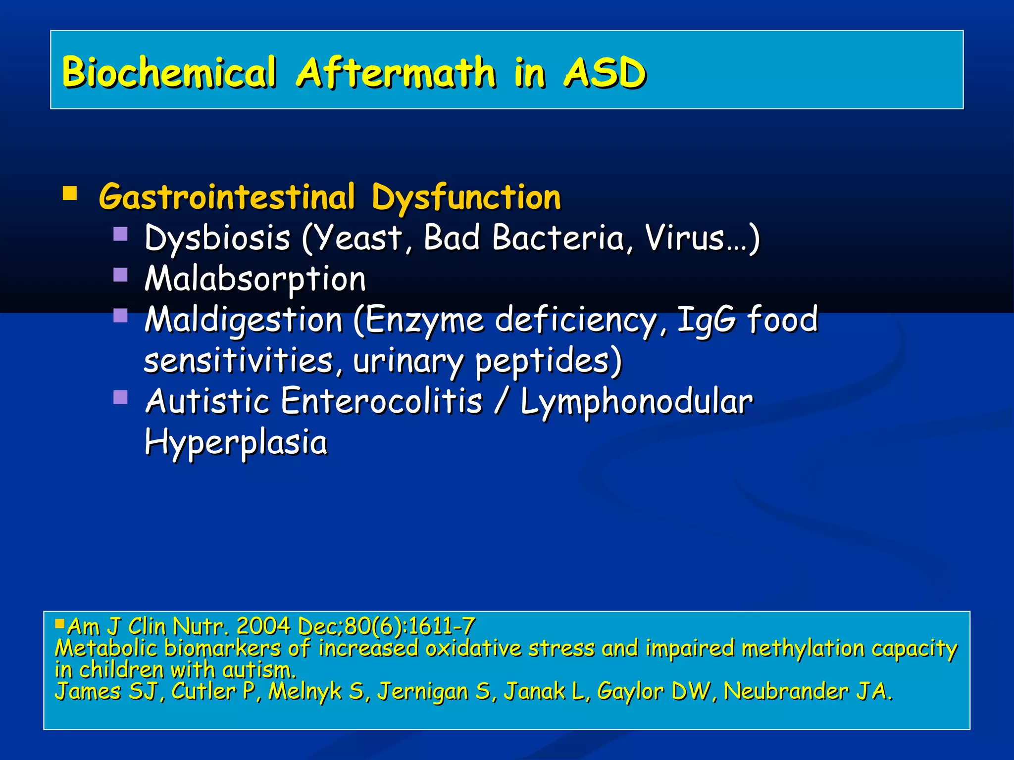 Biochemical Aftermath in ASDBiochemical Aftermath in ASD
 Gastrointestinal DysfunctionGastrointestinal Dysfunction
 Dysbiosis (Yeast, Bad Bacteria, Virus…)Dysbiosis (Yeast, Bad Bacteria, Virus…)
 MalabsorptionMalabsorption
 Maldigestion (Enzyme deficiency, IgG foodMaldigestion (Enzyme deficiency, IgG food
sensitivities, urinary peptides)sensitivities, urinary peptides)
 Autistic Enterocolitis / LymphonodularAutistic Enterocolitis / Lymphonodular
HyperplasiaHyperplasia
Am J Clin Nutr. 2004 Dec;80(6):1611-7Am J Clin Nutr. 2004 Dec;80(6):1611-7
Metabolic biomarkers of increased oxidative stress and impaired methylation capacityMetabolic biomarkers of increased oxidative stress and impaired methylation capacity
in children with autism.in children with autism.
James SJ, Cutler P, Melnyk S, Jernigan S, Janak L, Gaylor DW, Neubrander JA.James SJ, Cutler P, Melnyk S, Jernigan S, Janak L, Gaylor DW, Neubrander JA.
 