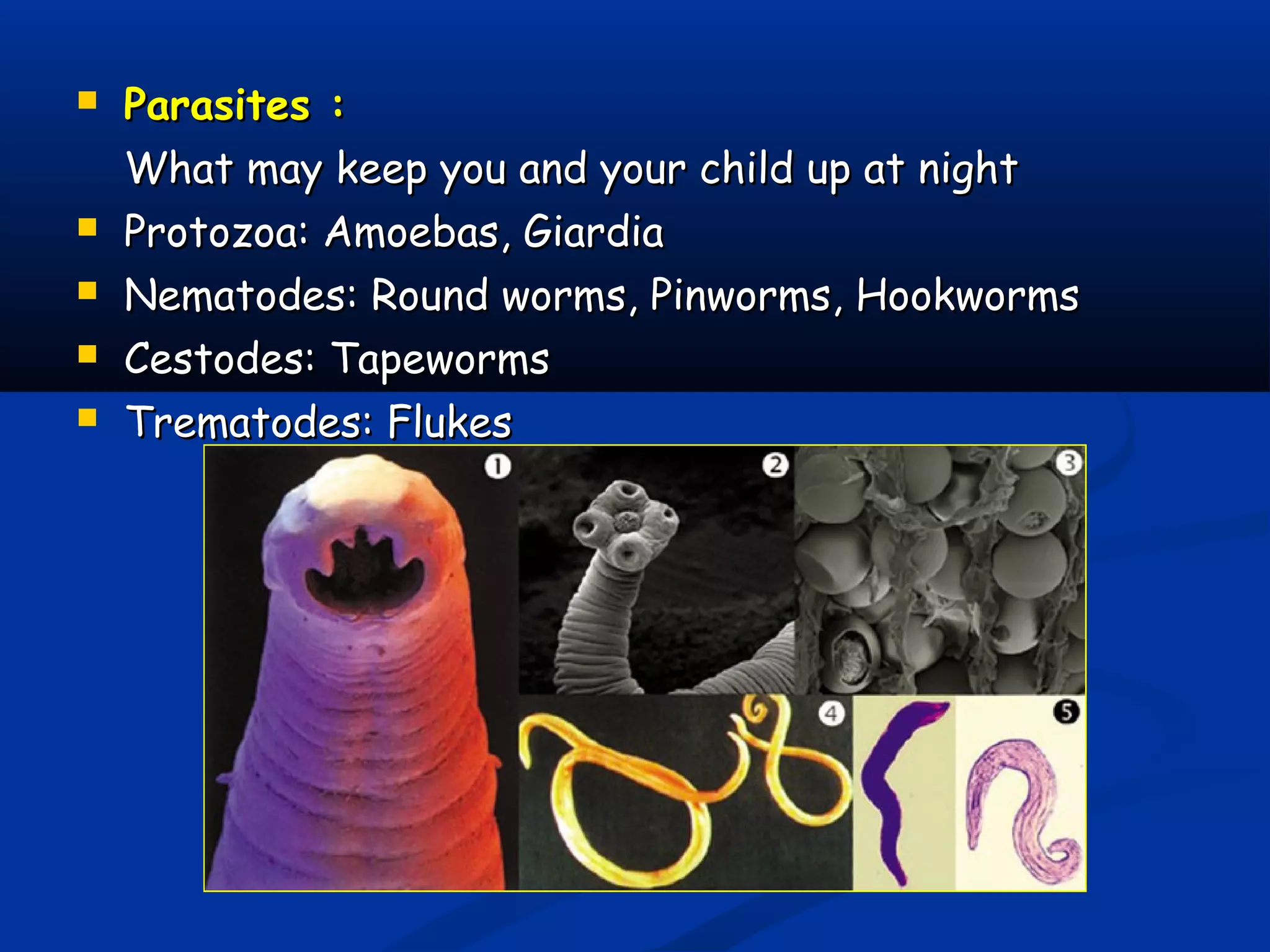  Parasites :Parasites :
What may keep you and your child up at nightWhat may keep you and your child up at night
 Protozoa: Amoebas, GiardiaProtozoa: Amoebas, Giardia
 Nematodes: Round worms, Pinworms, HookwormsNematodes: Round worms, Pinworms, Hookworms
 Cestodes: TapewormsCestodes: Tapeworms
 Trematodes: FlukesTrematodes: Flukes
 