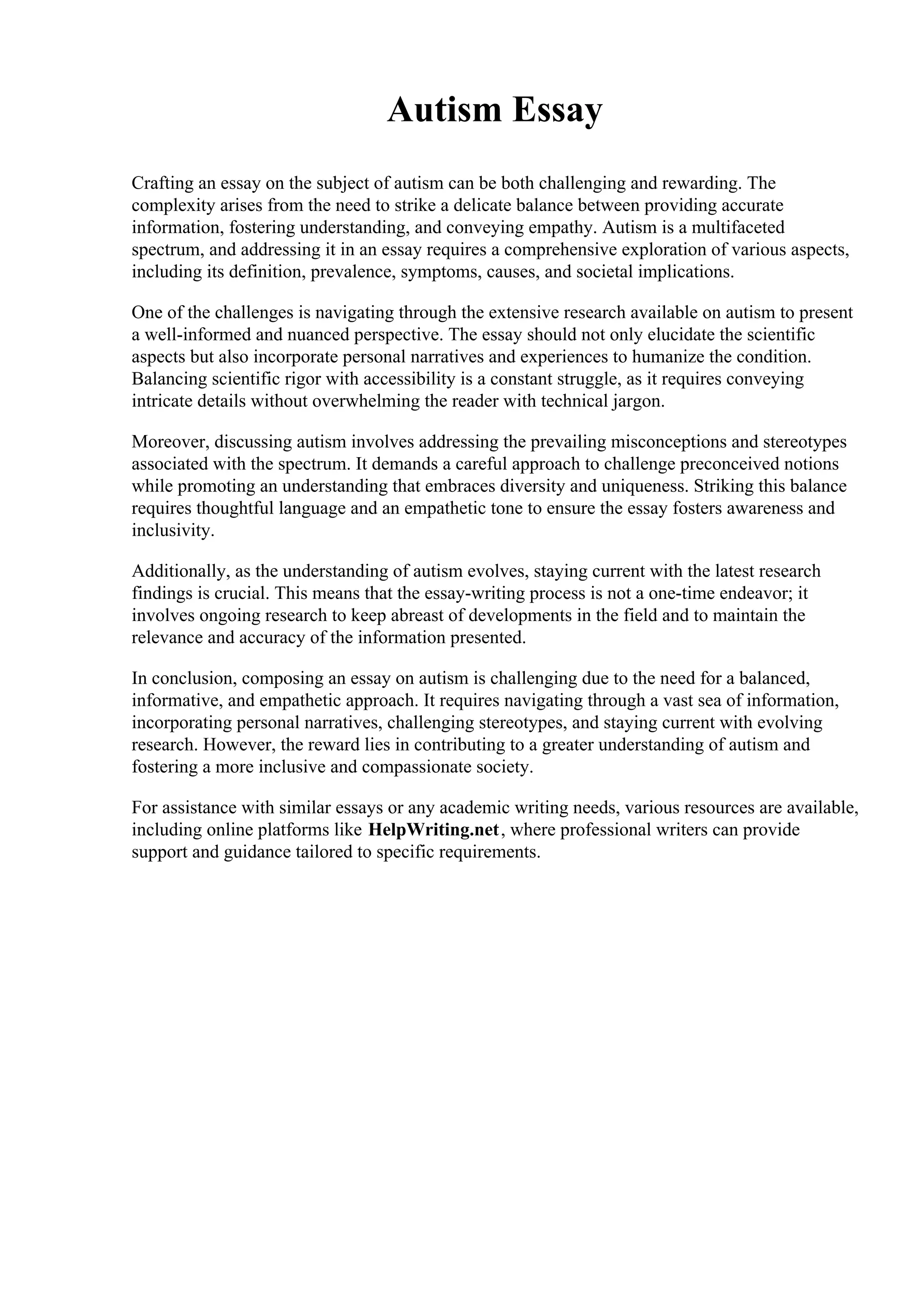 Autism Essay. Western Iowa Tech Community College | PDF