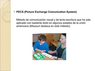  PECS (Picture Exchange Comunication System):
    Método de comunicación visual y de lecto-escritura que ha sido 
aplicado con bastante éxito en algunos estados de la unión 
americana (Missouri destaca en este método).
 