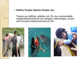  Delfino Terapia, Equino Terapia, etc.: 
    Terapia con delfines, caballos, etc. Es muy recomendable 
independientemente de sus ventajas o desventajas, ya que 
será una gran experiencia para el niño.
 