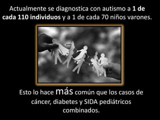 Actualmente se diagnostica con autismo a 1 de
cada 110 individuos y a 1 de cada 70 niños varones.




     Esto lo hace más común que los casos de
         cáncer, diabetes y SIDA pediátricos
                    combinados.
 