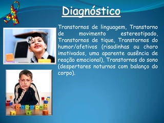 Transtornos de linguagem, Transtorno
de      movimento       estereotipado,
Transtornos de tique, Transtornos do
humor/afetivos (risadinhas ou choro
imotivados, uma aparente ausência de
reação emocional), Transtornos do sono
(despertares noturnos com balanço do
corpo).
 