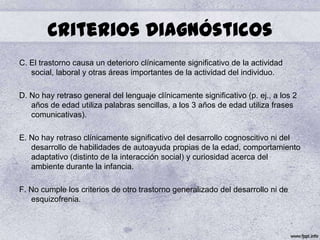 Criterios Diagnósticos
C. El trastorno causa un deterioro clínicamente significativo de la actividad
   social, laboral y otras áreas importantes de la actividad del individuo.

D. No hay retraso general del lenguaje clínicamente significativo (p. ej., a los 2
   años de edad utiliza palabras sencillas, a los 3 años de edad utiliza frases
   comunicativas).

E. No hay retraso clínicamente significativo del desarrollo cognoscitivo ni del
   desarrollo de habilidades de autoayuda propias de la edad, comportamiento
   adaptativo (distinto de la interacción social) y curiosidad acerca del
   ambiente durante la infancia.

F. No cumple los criterios de otro trastorno generalizado del desarrollo ni de
   esquizofrenia.
 