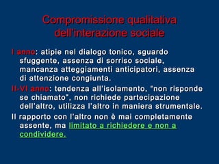 Compromissione qualitativa
dell’interazione sociale
I anno : atipie nel dialogo tonico, sguardo
sfuggente, assenza di sorriso sociale,
mancanza atteggiamenti anticipatori, assenza
di attenzione congiunta.
II-VI anno : tendenza all’isolamento, “non risponde
se chiamato”, non richiede partecipazione
dell’altro, utilizza l’altro in maniera strumentale.
Il rapporto con l’altro non è mai completamente
assente, ma limitato a richiedere e non a
condividere.

 