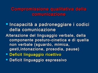 Compromissione qualitativa della
comunicazione


Incapacità a padroneggiare i codici
della comunicazione

Alterazione del linguaggio verbale, della
componente posturo-cinetica e di quella
non verbale (sguardo, mimica,
gesti,intonazione, prosodia, pause)
 Deficit linguaggio ricettivo
 Deficit linguaggio espressivo

 