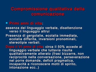 Compromissione qualitativa della
comunicazione


Primi anni di vita :

assenza del linguaggio verbale, disattenzione
verso il linguaggio altrui
Presenza di gergolalie, ecolalia immediata,
ecolalia differita, inversioni pronominali,
stereotipie verbali.
Dopo il VI anno di vita : circa il 50% accede al
linguaggio verbale che tuttavia risulta
qualitativamente alterato (frasi bizzarre, non
reciprocità nella conversazione, perseverazione
nel porre domande, deficit pragmatica,
incapacità a riconoscere motti di spirito,
intonazione ecc..)

 