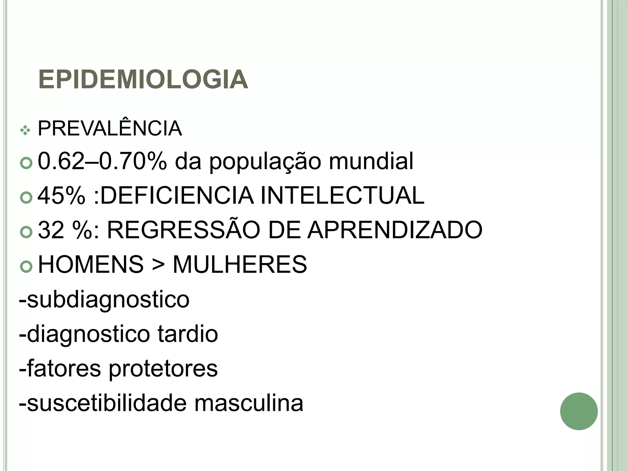 EPIDEMIOLOGIA


PREVALÊNCIA

 0.62–0.70%

da população mundial
 45% :DEFICIENCIA INTELECTUAL
 32 %: REGRESSÃO DE APRENDIZADO
 HOMENS > MULHERES
-subdiagnostico
-diagnostico tardio
-fatores protetores
-suscetibilidade masculina

 