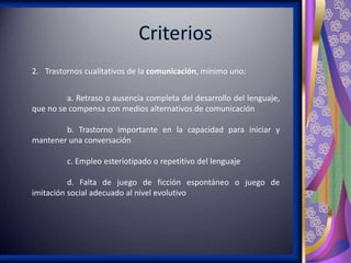2. Trastornos cualitativos de la comunicación, mínimo uno:
a. Retraso o ausencia completa del desarrollo del lenguaje,
que no se compensa con medios alternativos de comunicación
b. Trastorno importante en la capacidad para iniciar y
mantener una conversación
c. Empleo esteriotipado o repetitivo del lenguaje
d. Falta de juego de ficción espontáneo o juego de
imitación social adecuado al nivel evolutivo

 