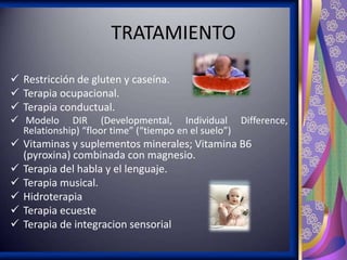 TRATAMIENTO
 Restricción de gluten y caseína.
 Terapia ocupacional.
 Terapia conductual.
 Modelo DIR (Developmental, Individual Difference,
Relationship) “floor time” (“tiempo en el suelo”)

 Vitaminas y suplementos minerales; Vitamina B6
(pyroxina) combinada con magnesio.
 Terapia del habla y el lenguaje.
 Terapia musical.
 Hidroterapia
 Terapia ecueste
 Terapia de integracion sensorial

 