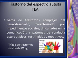 Trastorno del espectro autista
TEA
• Gama de trastornos complejos del
neurodesarrollo,
caracterizado
por
impedimentos sociales, dificultades en la
comunicación, y patrones de conducta
estereotípicos, restringidos y repetitivos.
Tríada de trastornos
(tríada de Wing)

 