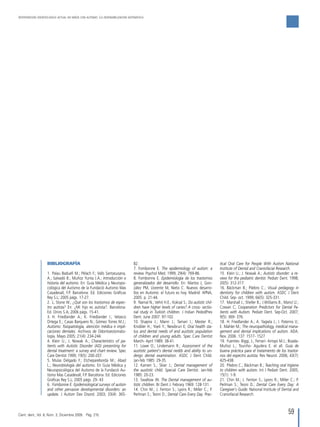 59
Intervención odontológica actual en niños con autismo. La desensibilización sistemática
BIBLIOGRAFíA
1.  Palau Baduell M.; Pèlach F.; Valls Santasusana,
A.; Salvadó B.; Muñoz Yunta J.A.; Introducción e
historia del autismo. En: Guía Médica y Neuropsi-
cológica del Autismo de la Fundació Autismo Mas
Casadevall, F.P. Barcelona: Ed. Ediciones Gráficas
Rey S.L; 2005 págs. 17-27.
2.  L. Stone W.; ¿Qué son los trastornos de espec-
tro autista? En: ¿Mi hijo es autista?. Barcelona:
Ed. Oniro S.A; 2006 págs. 15-41.
3.  H. Friedlander A.; K. Friedlander I.; Velasco
Ortega E.; Casas Barquero N.; Gómez Torres M.J.;
Autismo: fisiopatología, atención médica e impli-
caciones dentales. Archivos de Odontoestomato-
logía. Mayo 2005; 21(4): 234-244.
4.  Klein U.; J. Nowak A.; Characteristics of pa-
tients with Autistic Disorder (AD) presenting for
dental treatment: a survey and chart review. Spec
Care Dentist 1999; 19(5): 200-207.
5.  Mulas Delgado F.; Etchepareborda M.; Abad
L.; Neurobiología del autismo. En Guía Médica y
Neuropsicológica del Autismo de la Fundació Au-
tismo Mas Casadevall, F.P. Barcelona. Ed. Ediciones
Gráficas Rey S.L; 2005 págs. 29- 43
6.  Fombonne E. Epidemiological surveys of autism
and other pervasive developmental disorders: an
update. J Autism Dev Disord. 2003; 33(4): 365-
82.
7.  Fombonne E. The epidemiology of autism: a
review. Psychol Med. 1999; 29(4): 769-86.
8.  Fombonne E. Epidemiología de los trastornos
generalizados del desarrollo. En: Martos J, Gon-
zález PM, Llorente M, Nieto C. Nuevos desarro-
llos en Autismo: el futuro es hoy. Madrid: APNA,
2005. p. 21-44.
9.  Namal N.; Vehit H.E.; Koksal S.; Do autistic chil-
dren have higher levels of caries? A cross- sectio-
nal study in Turkish children. J Indian PedodPrev
Dent. June 2007: 97-102.
10.  Shapira J.; Mann J.; Tamari I.; Mester R.;
Knobler H.; Yoeli Y.; Newbrun E; Oral health sta-
tus and dental needs of and austistic population
of children and young adults. Spec Care Dentist
March- April 1989: 38-41.
11.  Lowe O.; Lindemann R.; Assessment of the
austistic patient's dental nedds and ability to un-
dergo dental examination. ASDC J Dent Child.
Jan-feb 1985: 29-35.
12.  Kamen S.; Skier J.; Dental management of
the austistic child. Special Care Dentist. Jan-feb
1985: 20-23.
13.  Swallow JN. The Dental management of au-
tistic children. Br Dent J. Febrary 1969: 128-131.
14.  Chin M.; J. Fenton S.; Lyons R.; Miller C.; P.
Perlman S.; Tesini D.; Dental Care Every Day. Prac-
tical Oral Care for People With Autism National
Institute of Dental and Craniofacial Research.
15.  Klein U.; J. Nowak A.; Autistic disorder: a re-
view for the pediatric dentist. Pediatr Dent. 1998;
20(5): 312-317.
16.  Bäckman B.; Pilebro C.; Visual pedagogy in
dentistry for children with autism. ASDC J Dent
Child. Sep- oct. 1999; 66(5): 325-331.
17.  Marshall J.; Sheller B.; J.Williams B.; Mancl Ll.;
Cowan C; Cooperation Predictors for Dental Pa-
tients with Autism. Pediatr Dent. Sep-Oct. 2007;
9(5): 369- 376.
18.  H. Friedlander A.; A. Yagiela J.; I. Paterno V.;
E. Mahler M.; The neuropathology, medical mana-
gement and dental implications of autism. ADA.
Nov. 2006 .137: 1517- 1527
19.  Fuentes- Biggi, J.; Ferrari- Arroyo M.J.; Boada-
Muñoz L.; Touriño- Aguilera E. et all. Guía de
buena práctica para el tratamiento de los trastor-
nos del espectro autista. Rev Neurol. 2006; 43(7):
425-438.
20.  Pilebro C.; Bäckman B.; Teaching oral higiene
to children with autism. Int J Pediatr Dent. 2005;
15(1): 1-9.
21.  Chin M.; J. Fenton S.; Lyons R.; Miller C.; P.
Perlman S.; Tesini D.; Dental Care Every Day: A
Caregiver´s Guide. National Institute of Dental and
Craniofacial Research.
Cient. dent., Vol. 6, Núm. 3, Diciembre 2009. Pág. 215.
 