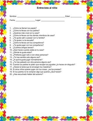 Entrevista al niño 
Nombre: _______________________________________________ Edad: ___________ 
Fecha: ___________________ Lugar: _______________________ 
1. ¿Cómo se llaman tus papás? 
2. ¿Cómo te llevas con tus padres? 
3. ¿Quiénes más viven en tu casa? 
4. ¿Cómo te llevas con los demás miembros de casa? 
5. ¿Te gusta salir a pasear con tu familia? 
6. ¿Te gusta ir a la escuela? 
7. ¿Cómo te llevas con tus compañeros? 
8. ¿Te gusta jugar con tus compañeros? 
9. ¿Cuántos amigos tienes? 
10. ¿Qué haces cuando estás en tu casa? 
11. ¿Dónde te gusta estar? 
12. ¿Prefieres jugar solo o con otras personas? 
13. ¿Te has sentido solo alguna vez? 
14. ¿A qué te gusta jugar normalmente? 
15. ¿Te has peleado con otra persona alguna vez? 
16. Cuando tus padres te piden que recojas tus juguetes ¿lo haces sin disgusto? 
17. ¿Haces la tarea que te encargan tus maestros? 
18. Sí otros niños quieren jugar con tus cosas, ¿se los prestas? 
19. Sí tus padres no te compran algo que quieres ¿Qué haces? 
20. ¿Has escuchado hablar del autismo? 
 