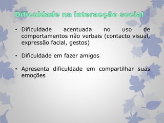 • Dificuldade acentuada no uso de 
comportamentos não verbais (contacto visual, 
expressão facial, gestos) 
• Dificuldade em fazer amigos 
• Apresenta dificuldade em compartilhar suas 
emoções 
 