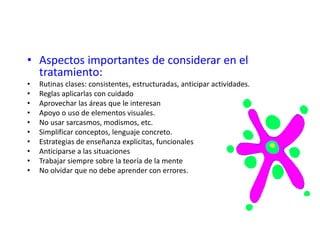 • Aspectos importantes de considerar en el 
tratamiento: 
• Rutinas clases: consistentes, estructuradas, anticipar actividades. 
• Reglas aplicarlas con cuidado 
• Aprovechar las áreas que le interesan 
• Apoyo o uso de elementos visuales. 
• No usar sarcasmos, modismos, etc. 
• Simplificar conceptos, lenguaje concreto. 
• Estrategias de enseñanza explicitas, funcionales 
• Anticiparse a las situaciones 
• Trabajar siempre sobre la teoría de la mente 
• No olvidar que no debe aprender con errores. 
 