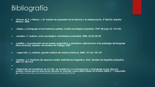 Bibliografía
 -Dulcan, M. K. y Wiener, J. M. Tratado de psiquiatría de la infancia y la adolescencia. 3º Edición. España:
Masson, 2006.
 -artigas, j. el lenguaje en los trastornos autistas. revista neurológica (españa). 1999; 28 (supl. 2); 118-123.
 -morales, l. f. autismo. acta neurológica colombiana (colombia). 2006; 22 (2); 85-90
 -portillos, r. la evaluación de los niveles pragmático y semántico: aplicaciones a las patología del lenguaje
(tesis doctoral). españa: universidad de málaga; 2007.
 -rogel-ortiz, f. j. autismo. gaceta médica de méxico (méxico). 2005; 141 (2); 143-147
 -Tordera, J. C. Trastorno de espectro autista: Delimitación lingüística. ELUA. Estudios de lingüística (España).
2007; 21; 301-314

 -Federación de enseñanza de CC.OO. de Andalucía: La comunicación y el lenguaje en los niños/as
autistas. Temas para la educación [Revista en internet], marzo 2009 [citado 23 octubre 2009] nº 1. Disponible
en: http://www.fe.ccoo.es/andalucia/docu/p5sd4673.pdf
 