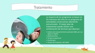 Tratamiento
La mayoría de los programas se basan en
los intereses del niño en un programa de
actividades constructivas altamente
estructurado. El mejor plan de
tratamiento puede utilizar una
combinación de técnicas que abarcan:
• Análisis del comportamiento aplicado (ABA, por sus
siglas en inglés)
• Medicamentos
• Terapia ocupacional
• Fisioterapia
• Terapia del lenguaje y del habla
 