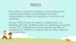 TEACCH
 Éste utiliza un esquema de figuras y otras indicaciones
visuales que permiten al niño trabajar en forma
independiente, al igual que organizar y estructurar sus
ambientes.
 Aunque TEACCH trata de mejorar la adaptación y las
destrezas del niño, también acepta los problemas asociados
con los TEA. A diferencia de los programas de ABA, los
programas de TEACCH no esperan que los niños logren un
desarrollo típico
 
