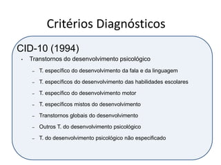 Critérios Diagnósticos
CID-10 (1994)
• Transtornos do desenvolvimento psicológico
– T. específico do desenvolvimento da fala e da linguagem
– T. específicos do desenvolvimento das habilidades escolares
– T. específico do desenvolvimento motor
– T. específicos mistos do desenvolvimento
– Transtornos globais do desenvolvimento
– Outros T. do desenvolvimento psicológico
– T. do desenvolvimento psicológico não especificado
 
