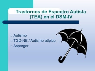 Trastornos de Espectro Autista
(TEA) en el DSM-IV
Autismo
TGD-NE / Autismo atípico
Asperger
 