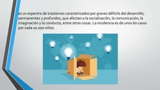 es un espectro de trastornos caracterizados por graves déficits del desarrollo,
permanentes y profundos, que afectan a la socialización, la comunicación, la
imaginación y la conducta, entre otras cosas. La incidencia es de unos 60 casos
por cada 10.000 niños
 