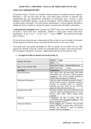 AJUDE-NOS A APRENDER – MANUAL DE TREINAMENTO EM ABA
CURRÍCULO - CAPÍTULO 7-13
Como usar o planejamento NET
Em primeiro lugar, o Ensino em Ambiente Natural acontece no ambiente natural, enquanto
brincamos, e não em uma mesa de aula. Você pode querer procurar ou planejar uma
oportunidade que seja naturalmente reforçadora ou interessante para a criança e então
trabalhar as habilidades durante a sessão de brincadeiras. Tenha cuidado para não tornar a
atividade muito estruturada. Você pode brincar gratuitamente e colocar algumas demandas à
medida que brinca. Lembre-se somente de manter a situação muito divertida e reforçadora.
O planejamento antecipado ajuda a garantir que VOCÊ sabe o que estará trabalhando. Sem
um plano é muito fácil ficar “emperrado”, pedindo à criança para nomear tudo (Ficar
perguntando “O que é isto?”, “O que é isto?”, “O que é ISTO?” não será muito divertido
para a criança!).
Se você não tem certeza do que a criança gosta de fazer, observe-a por um tempo. Se ela gosta
da bola grande de exercício, talvez você possa fazê-la divertir se com você e a bola.
Você pode fazer uma grande quantidade de NET no parque ou nos fundos da casa. Não
esqueça de continuar a fazer de si mesmo um reforçador para a criança, só por estar por perto.
Dê a ela alguns reforçadores “de graça”, simplesmente pelo fato de ficar perto de você.
• Exemplo de Folha de Sumário da Sessão (Lado A)
Professor: Ana
Sumário da Sessão
Outros:
Manhã Início Término Duração total da sessão
Data: 14 de Abril de 2004
Tarde 9h00 11h00 2 horas
Atividades Comentários
Frases funcionais João tentou fazer cada uma delas. Está tendo
dificuldades com o “me deixe ir”. Estou aceitando
”hedeixa ir” como correto. Consegui estabelecer
contato visual em todas as 10 tentativas.
Nomeações Receptivas João está tendo dificuldade em prestar atenção –
muitas batidas na mesa e contorções na cadeira.
Precisou de intervalos entre as tentativas.
Corremos pela sala, então fez uma tentativa,
depois corremos de novo pela sala, etc.
Imitação não-verbal Excelente trabalho! João fez perfeitamente! Um
monte de risadas e gargalhadas quando eu tive que
mostrar minha língua. Grande atenção neste
programa.
Números Trabalhamos com eles no parque. João fez
corretamente todos “me mostre o número 7”, mas
parece confundir o 8 e o 9.
Tempo da História Lemos “Pinóquio” por 3 minutos. Tive que pular
páginas, mas lemos o começo, meio e fim do livro.
Precisou ser lembrado 7 vezes de prestar
atenção. João virou as páginas.
 
