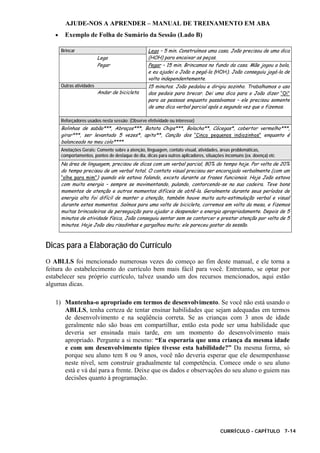 AJUDE-NOS A APRENDER – MANUAL DE TREINAMENTO EM ABA
CURRÍCULO - CAPÍTULO 7-14
• Exemplo de Folha de Sumário da Sessão (Lado B)
Brincar
Lego
Lego – 5 min. Construímos uma casa. João precisou de uma dica
(HOH) para encaixar as peças.
Pegar Pegar – 15 min. Brincamos no fundo da casa. Mãe jogou a bola,
e eu ajudei o João a pegá-la (HOH). João conseguiu jogá-la de
volta independentemente.
Outras atividades
Andar de bicicleta
15 minutos. João pedalou e dirigiu sozinho. Trabalhamos o uso
dos pedais para brecar. Dei uma dica para o João dizer “Oi”
para as pessoas enquanto passávamos – ele precisou somente
de uma dica verbal parcial após a segunda vez que o fizemos.
Reforçadores usados nesta sessão: (Observe efetividade ou interesse)
Bolinhas de sabão***, Abraços***, Batata Chips***, Bolacha**, Cócegas*, cobertor vermelho***,
girar***, ser levantado 5 vezes*, apito**, Canção dos “Cinco pequenos indiozinhos” enquanto é
balanceado no meu colo****
Anotações Gerais: Comente sobre a atenção, linguagem, contato visual, atividades, áreas problemáticas,
comportamentos, pontos de destaque do dia, dicas para outros aplicadores, situações incomuns (ex. doença) etc
Na área de linguagem, precisou de dicas com um verbal parcial, 80% do tempo hoje. Por volta de 20%
do tempo precisou de um verbal total. O contato visual precisou ser encorajado verbalmente (com um
“olhe para mim”) quando ele estava falando, exceto durante as frases funcionais. Hoje João estava
com muita energia – sempre se movimentando, pulando, contorcendo-se na sua cadeira. Teve bons
momentos de atenção e outros momentos difíceis de obtê-la. Geralmente durante seus períodos de
energia alta foi difícil de manter a atenção, também houve muita auto-estimulação verbal e visual
durante estes momentos. Saímos para uma volta de bicicleta, corremos em volta da mesa, e fizemos
muitas brincadeiras de perseguição para ajudar a despender a energia apropriadamente. Depois de 5
minutos de atividade física, João conseguiu sentar sem se contorcer e prestar atenção por volta de 5
minutos. Hoje João deu risadinhas e gargalhou muito; ele pareceu gostar da sessão.
Dicas para a Elaboração do Currículo
O ABLLS foi mencionado numerosas vezes do começo ao fim deste manual, e ele torna a
feitura do estabelecimento do currículo bem mais fácil para você. Entretanto, se optar por
estabelecer seu próprio currículo, talvez usando um dos recursos mencionados, aqui estão
algumas dicas.
1) Mantenha-o apropriado em termos de desenvolvimento. Se você não está usando o
ABLLS, tenha certeza de tentar ensinar habilidades que sejam adequadas em termos
de desenvolvimento e na seqüência correta. Se as crianças com 3 anos de idade
geralmente não são boas em compartilhar, então esta pode ser uma habilidade que
deveria ser ensinada mais tarde, em um momento do desenvolvimento mais
apropriado. Pergunte a si mesmo: “Eu esperaria que uma criança da mesma idade
e com um desenvolvimento típico tivesse esta habilidade?” Da mesma forma, só
porque seu aluno tem 8 ou 9 anos, você não deveria esperar que ele desempenhasse
neste nível, sem construir gradualmente tal competência. Comece onde o seu aluno
está e vá daí para a frente. Deixe que os dados e observações do seu aluno o guiem nas
decisões quanto à programação.
 