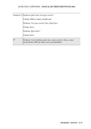 AJUDE-NOS A APRENDER – MANUAL DE TREINAMENTO EM ABA
INSTRUÇÃO - CAPÍTULO 8-15
Tentativa 21 Professor: Qual vídeo você quer assistir?
Criança: (Olha os vídeos, escolhe um).
Professor: Você quer assistir Xuxa. Diga Xuxa.
Criança: Sussa.
Professor: Qual vídeo?
Criança: Sussa.
SR+
Professor: Você trabalhou muito bem, vamos assistir à Xuxa e tomar
um lanchinho! (Põe um vídeo e serve um lanchinho).
 