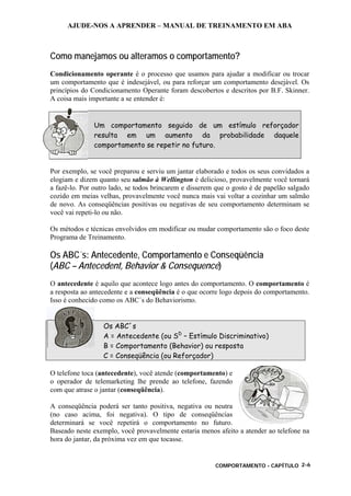 AJUDE-NOS A APRENDER – MANUAL DE TREINAMENTO EM ABA
COMPORTAMENTO - CAPÍTULO 2-6
Como manejamos ou alteramos o comportamento?
Condicionamento operante é o processo que usamos para ajudar a modificar ou trocar
um comportamento que é indesejável, ou para reforçar um comportamento desejável. Os
princípios do Condicionamento Operante foram descobertos e descritos por B.F. Skinner.
A coisa mais importante a se entender é:
Um comportamento seguido de um estímulo reforçador
resulta em um aumento da probabilidade daquele
comportamento se repetir no futuro.
Por exemplo, se você preparou e serviu um jantar elaborado e todos os seus convidados a
elogiam e dizem quanto seu salmão à Wellington é delicioso, provavelmente você tornará
a fazê-lo. Por outro lado, se todos brincarem e disserem que o gosto é de papelão salgado
cozido em meias velhas, provavelmente você nunca mais vai voltar a cozinhar um salmão
de novo. As conseqüências positivas ou negativas de seu comportamento determinam se
você vai repeti-lo ou não.
Os métodos e técnicas envolvidos em modificar ou mudar comportamento são o foco deste
Programa de Treinamento.
Os ABC´s: Antecedente, Comportamento e Conseqüência
(ABC – Antecedent, Behavior & Consequence)
O antecedente é aquilo que acontece logo antes do comportamento. O comportamento é
a resposta ao antecedente e a conseqüência é o que ocorre logo depois do comportamento.
Isso é conhecido como os ABC´s do Behaviorismo.
Os ABC´s
A = Antecedente (ou SD
– Estímulo Discriminativo)
B = Comportamento (Behavior) ou resposta
C = Conseqüência (ou Reforçador)
O telefone toca (antecedente), você atende (comportamento) e
o operador de telemarketing lhe prende ao telefone, fazendo
com que atrase o jantar (conseqüência).
A conseqüência poderá ser tanto positiva, negativa ou neutra
(no caso acima, foi negativa). O tipo de conseqüências
determinará se você repetirá o comportamento no futuro.
Baseado neste exemplo, você provavelmente estaria menos afeito a atender ao telefone na
hora do jantar, da próxima vez em que tocasse.
 