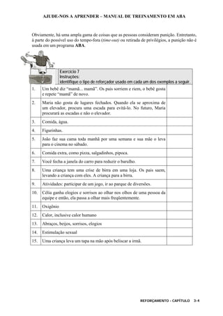 AJUDE-NOS A APRENDER – MANUAL DE TREINAMENTO EM ABA
REFORÇAMENTO - CAPÍTULO 3-4
Obviamente, há uma ampla gama de coisas que as pessoas consideram punição. Entretanto,
à parte do possível uso do tempo-fora (time-out) ou retirada de privilégios, a punição não é
usada em um programa ABA.
Exercício 7
Instruções:
identifique o tipo de reforçador usado em cada um dos exemplos a seguir.
1. Um bebê diz “mamã... mamã”. Os pais sorriem e riem, o bebê gosta
e repete “mamã” de novo.
2. Maria não gosta de lugares fechados. Quando ela se aproxima de
um elevador, procura uma escada para evitá-lo. No futuro, Maria
procurará as escadas e não o elevador.
3. Comida, água.
4. Figurinhas.
5. João faz sua cama toda manhã por uma semana e sua mãe o leva
para o cinema no sábado.
6. Comida extra, como pizza, salgadinhos, pipoca.
7. Você fecha a janela do carro para reduzir o barulho.
8. Uma criança tem uma crise de birra em uma loja. Os pais saem,
levando a criança com eles. A criança para a birra.
9. Atividades: participar de um jogo, ir ao parque de diversões.
10. Célia ganha elogios e sorrisos ao olhar nos olhos de uma pessoa da
equipe e então, ela passa a olhar mais freqüentemente.
11. Oxigênio
12. Calor, inclusive calor humano
13. Abraços, beijos, sorrisos, elogios
14. Estimulação sexual
15. Uma criança leva um tapa na mão após beliscar a irmã.
 