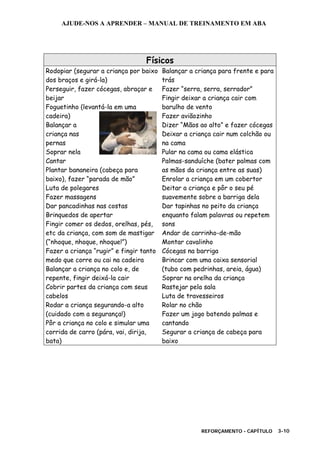 AJUDE-NOS A APRENDER – MANUAL DE TREINAMENTO EM ABA
REFORÇAMENTO - CAPÍTULO 3-10
Físicos
Rodopiar (segurar a criança por baixo
dos braços e girá-la)
Perseguir, fazer cócegas, abraçar e
beijar
Foguetinho (levantá-la em uma
cadeira)
Balançar a
criança nas
pernas
Soprar nela
Cantar
Plantar bananeira (cabeça para
baixo), fazer “parada de mão”
Luta de polegares
Fazer massagens
Dar pancadinhas nas costas
Brinquedos de apertar
Fingir comer os dedos, orelhas, pés,
etc da criança, com som de mastigar
(“nhoque, nhoque, nhoque!”)
Fazer a criança “rugir” e fingir tanto
medo que corre ou cai na cadeira
Balançar a criança no colo e, de
repente, fingir deixá-la cair
Cobrir partes da criança com seus
cabelos
Rodar a criança segurando-a alto
(cuidado com a segurança!)
Pôr a criança no colo e simular uma
corrida de carro (pára, vai, dirija,
bata)
Balançar a criança para frente e para
trás
Fazer “serra, serra, serrador”
Fingir deixar a criança cair com
barulho de vento
Fazer aviãozinho
Dizer “Mãos ao alto” e fazer cócegas
Deixar a criança cair num colchão ou
na cama
Pular na cama ou cama elástica
Palmas-sanduíche (bater palmas com
as mãos da criança entre as suas)
Enrolar a criança em um cobertor
Deitar a criança e pôr o seu pé
suavemente sobre a barriga dela
Dar tapinhas no peito da criança
enquanto falam palavras ou repetem
sons
Andar de carrinho-de-mão
Montar cavalinho
Cócegas na barriga
Brincar com uma caixa sensorial
(tubo com pedrinhas, areia, água)
Soprar na orelha da criança
Rastejar pela sala
Luta de travesseiros
Rolar no chão
Fazer um jogo batendo palmas e
cantando
Segurar a criança de cabeça para
baixo
 
