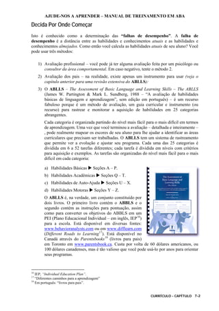 AJUDE-NOS A APRENDER – MANUAL DE TREINAMENTO EM ABA
CURRÍCULO - CAPÍTULO 7-2
Decida Por Onde Começar
Isto é conhecido como a determinação das “falhas de desempenho”. A falha de
desempenho é a distância entre as habilidades e conhecimentos atuais e as habilidades e
conhecimentos almejados. Como então você calcula as habilidades atuais de seu aluno? Você
pode usar três métodos:
1) Avaliação profissional – você pode já ter alguma avaliação feita por um psicólogo ou
consultor da área comportamental. Em caso negativo, tente o método 2.
2) Avaliação dos pais – na realidade, existe apenas um instrumento para usar (veja o
capítulo anterior para uma revisão extensiva do ABLLS):
3) O ABLLS – The Assessment of Basic Language and Learning Skills – The ABLLS
(James W. Partington & Mark L. Sundberg, 1988 – “A avaliação de habilidades
básicas de linguagem e aprendizagem”, sem edição em português) – é um recurso
fabuloso porque é um método de avaliação, um guia curricular e instrumento (ou
recurso) para rastrear e monitorar a aquisição de habilidades em 25 categorias
abrangentes.
Cada categoria é organizada partindo do nível mais fácil para o mais difícil em termos
de aprendizagem. Uma vez que você terminou a avaliação – detalhada e inteiramente –
, pode realmente mapear os escores de seu aluno para lhe ajudar a identificar as áreas
curriculares que precisam ser trabalhadas. O ABLLS tem um sistema de rastreamento
que permite ver a evolução e ajustar seu programa. Cada uma das 25 categorias é
dividida em 6 a 52 tarefas diferentes; cada tarefa é dividida em níveis com critérios
para aquisição e exemplos. As tarefas são organizadas do nível mais fácil para o mais
difícil em cada categoria:
a) Habilidades Básicas Seções A – P.
b) Habilidades Acadêmicas Seções Q – T.
c) Habilidades de Auto-Ajuda Seções U – X.
d) Habilidades Motoras Seções Y – Z.
O ABLLS é, na verdade, um conjunto constituído por
dois livros. O primeiro livro contém o ABBLS e o
segundo contém as instruções para pontuação, assim
como para converter os objetivos do ABBLS em um
PEI (Plano Educacional Individual – em inglês, IEP16
)
para a escola. Está disponível em diversas fontes:
www.behavioranalysts.com ou em www.difflearn.com
(Different Roads to Learning17
). Está disponível no
Canadá através do Parentsbooks18
(livros para pais)
em Toronto em www.parentsbook.ca. Custa por volta de 60 dólares americanos, ou
100 dólares canadenses, mas é tão valioso que você pode usá-lo por anos para orientar
seus programas.
16
IEP, “Individual Education Plan”.
17
“Diferentes caminhos para a aprendizagem”
18
Em português: “livros para pais”.
 