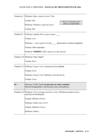 AJUDE-NOS A APRENDER – MANUAL DE TREINAMENTO EM ABA
INSTRUÇÃO - CAPÍTULO 8-13
Tentativa 8 Professor: Quer cantar de novo? Sim.
Criança: Sim.
Professor: Podemos cantar de novo?
Criança: Sim.
Observe a transferência de
ecóico para intraverbal
Tentativa 9 Professor: (canta) Atirei o pau no gato ____
Criança: to to
Professor: ...mas o gato to to não_____ (pausa para a criança completar)
Criança: (Não responde.)
Professor: MORREU. Mas o gato to to não morreu.
Tentativa 10 Professor: Diga “suco”.
Criança: Suco.
Tentativa 11 Professor: O que é isso? (mostra um livro) Livro.
Criança: Livro.
Professor: O que é isso? (Mostra o livro de novo).
Criança: Livro.
SR + Professor: UAU! Você está fazendo um ótimo trabalho!
(Dá um brinquedinho e um biscoito como reforçadores).
Tentativa 12 Professor: Você consegue mostrar o livro? (Professor mostra o livro –
uma dica de modelação).
Criança: (Mostra o livro.)
Professor: Onde está o livro?
Criança: (Mostra o livro.)
Professor: Ótimo!
 