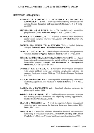 AJUDE-NOS A APRENDER – MANUAL DE TREINAMENTO EM ABA
TESTE SEU CONHECIMENTO - CAPÍTULO 10-21
Referências Bibliográficas
ANDERSON, S. R. ;AVERY, D. L.; DIPIETRO, E. K.; ELLETRE K. ;
EDWARDS, G. L. & cols. – Intensive home-based early intervention with
autistic children. Education and treatment of children, v.10, n. 4, p.352-
66, 1987.
BIRNBRAUER, J.S. & LEACH, D.J. – The Murdoch early intervention
program after 2 years. Behavior Change, v. 10, n. 2, p.63-74, 1993.
BRAAM, S. & SUNDBERG, M.L. – The effects of specific versus nonspecific
reinforcement on verbal behavior. The Analysis of Verbal Behavior, v.9,
p.19-28, 1991.
COOPER, J.O.; HERON, T.E. & HEWARD, W.L. – Applied behavior
Analysis. Columbus, Ohio : Merrill Publishing Co., 1987.
DUNLAP, G. & KOEGEL, R.L. – Motivating autistic children through stimulus
variation. Journal of Applied Behavior Analysis, v.13, p. 619-27, 1980.
FENSKE, E.; ZALENSKI, S.; KRANTZ, P.; MCCLANNAHAN, L. – Age at
intervention and treatment outcome for autistic children in a comprehensive
intervention program. Analysis and Intervention in Developmental
Disabilities, v.5, n.1-2, p. 49-58, 1985.
GUTSTEIN, S. E. e SHEELY, R. – Relationship developmental intervention
with young children: social and emotional development activities for
Asperger Syndrome, Autism, PDD and NLD. Jessica Kingsley Publishers
Ltd, 2002.
HALL, G. e SUNDBERG, M.L. – Teaching mands by manipulating conditioned
establishing operations. The Analysis of Verbal Behavior, v. 5, p. 41-53,
1987.
HARRIS, S.L. e HANDLEMAN. J.S. – Preschool education programs for
children with autism. 1994.
KOEGEL, R.L. e KOEGEL, L.K. – Teaching children with autism: strategies
for initiating positive interactions and improving learning opportunities.
Paul H. Brooks Publishing Co, 1995.
LEAF, R. e MCEACHIN, J. – A work in progress, behavior management
strategies and a curriculum for intensive behavioral intervention. DRL
Books, LLC, 1999.
LOVAAS, O. I. – Behavioral treatment and normal education and intellectual
functioning in young autistic children. Journal of Consulting and Clinical
Psychology, v. 55, n.1, p.3-9. American Psychological Association, 1987.
 