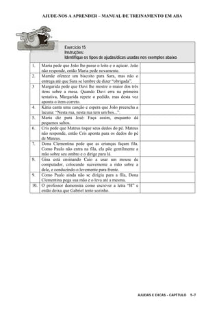 AJUDE-NOS A APRENDER – MANUAL DE TREINAMENTO EM ABA
AJUDAS E DICAS - CAPÍTULO 5-7
Exercício 15
Instruções:
Identifique os tipos de ajudas/dicas usadas nos exemplos abaixo
1. Maria pede que João lhe passe o leite e o açúcar. João
não responde, então Maria pede novamente.
2. Mamãe oferece um biscoito para Sara, mas não o
entrega até que Sara se lembre de dizer “obrigada”.
3 Margarida pede que Davi lhe mostre o maior dos três
itens sobre a mesa. Quando Davi erra na primeira
tentativa, Margarida repete o pedido, mas desta vez
aponta o item correto.
4. Kátia canta uma canção e espera que João preencha a
lacuna: “Nesta rua, nesta rua tem um bos...”.
5. Maria diz para José: Faça assim, enquanto dá
pequenos saltos.
6. Cris pede que Mateus toque seus dedos do pé. Mateus
não responde, então Cris aponta para os dedos do pé
de Mateus.
7. Dona Clementina pede que as crianças façam fila.
Como Paulo não entra na fila, ela põe gentilmente a
mão sobre seu ombro e o dirige para lá.
8. Gina está ensinando Caio a usar um mouse de
computador, colocando suavemente a mão sobre a
dele, e conduzindo-o levemente para frente.
9. Como Paulo ainda não se dirigiu para a fila, Dona
Clementina pega sua mão e o leva até a mesma.
10. O professor demonstra como escrever a letra “H” e
então deixa que Gabriel tente sozinho.
 