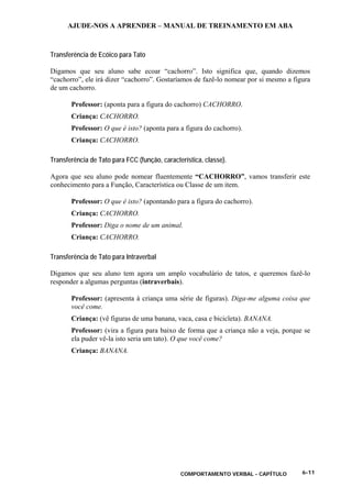 AJUDE-NOS A APRENDER – MANUAL DE TREINAMENTO EM ABA
COMPORTAMENTO VERBAL - CAPÍTULO 6-11
Transferência de Ecóico para Tato
Digamos que seu aluno sabe ecoar “cachorro”. Isto significa que, quando dizemos
“cachorro”, ele irá dizer “cachorro”. Gostaríamos de fazê-lo nomear por si mesmo a figura
de um cachorro.
Professor: (aponta para a figura do cachorro) CACHORRO.
Criança: CACHORRO.
Professor: O que é isto? (aponta para a figura do cachorro).
Criança: CACHORRO.
Transferência de Tato para FCC (função, característica, classe).
Agora que seu aluno pode nomear fluentemente “CACHORRO”, vamos transferir este
conhecimento para a Função, Característica ou Classe de um item.
Professor: O que é isto? (apontando para a figura do cachorro).
Criança: CACHORRO.
Professor: Diga o nome de um animal.
Criança: CACHORRO.
Transferência de Tato para Intraverbal
Digamos que seu aluno tem agora um amplo vocabulário de tatos, e queremos fazê-lo
responder a algumas perguntas (intraverbais).
Professor: (apresenta à criança uma série de figuras). Diga-me alguma coisa que
você come.
Criança: (vê figuras de uma banana, vaca, casa e bicicleta). BANANA.
Professor: (vira a figura para baixo de forma que a criança não a veja, porque se
ela puder vê-la isto seria um tato). O que você come?
Criança: BANANA.
 