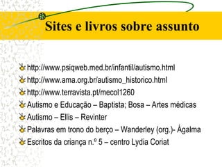 Sites e livros sobre assunto
http://www.psiqweb.med.br/infantil/autismo.html
http://www.ama.org.br/autismo_historico.html
http://www.terravista.pt/mecol1260
Autismo e Educação – Baptista; Bosa – Artes médicas
Autismo – Ellis – Revinter
Palavras em trono do berço – Wanderley (org.)- Ágalma
Escritos da criança n.º 5 – centro Lydia Coriat
 