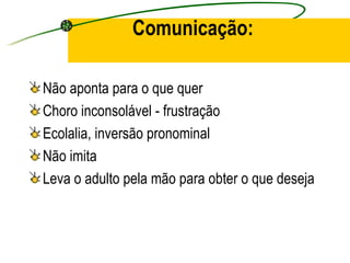 Comunicação:

Não aponta para o que quer
Choro inconsolável - frustração
Ecolalia, inversão pronominal
Não imita
Leva o adulto pela mão para obter o que deseja
 