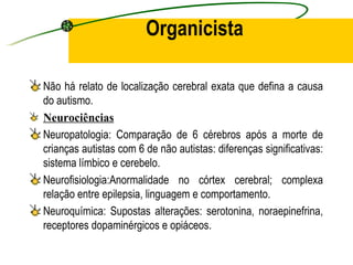 Organicista

Não há relato de localização cerebral exata que defina a causa
do autismo.
Neurociências
Neuropatologia: Comparação de 6 cérebros após a morte de
crianças autistas com 6 de não autistas: diferenças significativas:
sistema límbico e cerebelo.
Neurofisiologia:Anormalidade no córtex cerebral; complexa
relação entre epilepsia, linguagem e comportamento.
Neuroquímica: Supostas alterações: serotonina, noraepinefrina,
receptores dopaminérgicos e opiáceos.
 