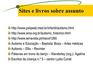 Sites e livros sobre assunto

http://www.psiqweb.med.br/infantil/autismo.html
http://www.ama.org.br/autismo_historico.html
http://www.terravista.pt/mecol1260
Autismo e Educação – Baptista; Bosa – Artes médicas
Autismo – Ellis – Revinter
Palavras em trono do berço – Wanderley (org.)- Ágalma
Escritos da criança n.º 5 – centro Lydia Coriat
 