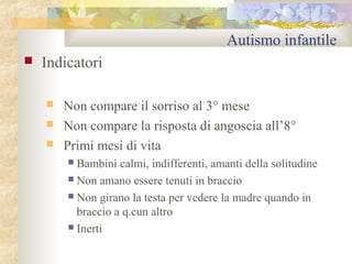 Autismo infantile


Indicatori




Non compare il sorriso al 3° mese
Non compare la risposta di angoscia all’8°
Primi mesi di vita
Bambini calmi, indifferenti, amanti della solitudine
 Non amano essere tenuti in braccio
 Non girano la testa per vedere la madre quando in
braccio a q.cun altro
 Inerti


 