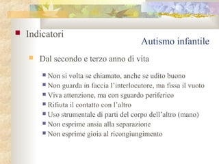 

Indicatori


Autismo infantile

Dal secondo e terzo anno di vita
Non si volta se chiamato, anche se udito buono
 Non guarda in faccia l’interlocutore, ma fissa il vuoto
 Viva attenzione, ma con sguardo periferico
 Rifiuta il contatto con l’altro
 Uso strumentale di parti del corpo dell’altro (mano)
 Non esprime ansia alla separazione
 Non esprime gioia al ricongiungimento


 