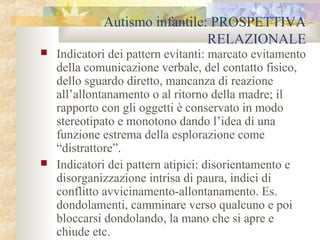 Autismo infantile: PROSPETTIVA
RELAZIONALE




Indicatori dei pattern evitanti: marcato evitamento
della comunicazione verbale, del contatto fisico,
dello sguardo diretto, mancanza di reazione
all’allontanamento o al ritorno della madre; il
rapporto con gli oggetti è conservato in modo
stereotipato e monotono dando l’idea di una
funzione estrema della esplorazione come
“distrattore”.
Indicatori dei pattern atipici: disorientamento e
disorganizzazione intrisa di paura, indici di
conflitto avvicinamento-allontanamento. Es.
dondolamenti, camminare verso qualcuno e poi
bloccarsi dondolando, la mano che si apre e
chiude etc.

 