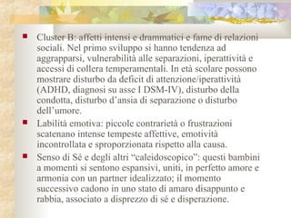 





Cluster B: affetti intensi e drammatici e fame di relazioni
sociali. Nel primo sviluppo si hanno tendenza ad
aggrapparsi, vulnerabilità alle separazioni, iperattività e
accessi di collera temperamentali. In età scolare possono
mostrare disturbo da deficit di attenzione/iperattività
(ADHD, diagnosi su asse I DSM-IV), disturbo della
condotta, disturbo d’ansia di separazione o disturbo
dell’umore.
Labilità emotiva: piccole contrarietà o frustrazioni
scatenano intense tempeste affettive, emotività
incontrollata e sproporzionata rispetto alla causa.
Senso di Sé e degli altri “caleidoscopico”: questi bambini
a momenti si sentono espansivi, uniti, in perfetto amore e
armonia con un partner idealizzato; il momento
successivo cadono in uno stato di amaro disappunto e
rabbia, associato a disprezzo di sé e disperazione.

 