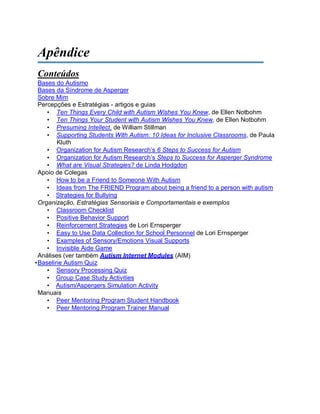 Apêndice
Conteúdos
Bases do Autismo
Bases da Síndrome de Asperger
Sobre Mim
Percepções e Estratégias - artigos e guias
• Ten Things Every Child with Autism Wishes You Knew, de Ellen Notbohm
• Ten Things Your Student with Autism Wishes You Knew, de Ellen Notbohm
• Presuming Intellect, de William Stillman
• Supporting Students With Autism: 10 Ideas for Inclusive Classrooms, de Paula
Kluth
• Organization for Autism Research’s 6 Steps to Success for Autism
• Organization for Autism Research’s Steps to Success for Asperger Syndrome
• What are Visual Strategies? de Linda Hodgdon
Apoio de Colegas
• How to be a Friend to Someone With Autism
• Ideas from The FRIEND Program about being a friend to a person with autism
• Strategies for Bullying
Organização, Estratégias Sensoriais e Comportamentais e exemplos
• Classroom Checklist
• Positive Behavior Support
• Reinforcement Strategies de Lori Ernsperger
• Easy to Use Data Collection for School Personnel de Lori Ernsperger
• Examples of Sensory/Emotions Visual Supports
• Invisible Aide Game
Análises (ver também Autism Internet Modules (AIM)
•Baseline Autism Quiz
• Sensory Processing Quiz
• Group Case Study Activities
• Autism/Aspergers Simulation Activity
Manuais
• Peer Mentoring Program Student Handbook
• Peer Mentoring Program Trainer Manual
 