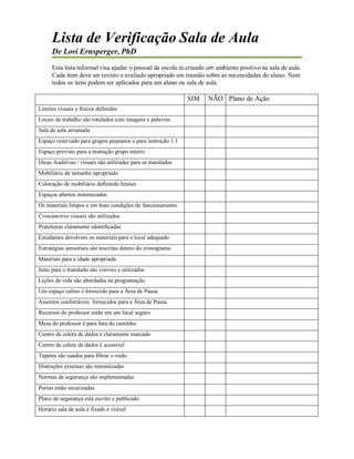 Lista de Verificação Sala de Aula
De Lori Ernsperger, PhD
Esta lista informal visa ajudar o pessoal da escola in criando um ambiente positivo na sala de aula.
Cada item deve ser revisto e avaliado apropriado em reunião sobre as necessidades do aluno. Nem
todos os itens podem ser aplicados para um aluno ou sala de aula.
SIM NÃO Plano de Ação
Limites visuais e físicos definidos
Locais de trabalho são rotulados com imagens e palavras
Sala de aula arrumada
Espaço reservado para grupos pequenos e para instrução 1:1
Espaço previsto para a instrução grupo inteiro
Dicas Auditivas / visuais são utilizadas para os translados
Mobiliário de tamanho apropriado
Colocação de mobiliário definindo limites
Espaços abertos minimizados
Os materiais limpos e em boas condições de funcionamento
Cronômetros visuais são utilizados
Prateleiras claramente identificadas
Estudantes devolvem os materiais para o local adequado
Estratégias sensoriais são inscritas dentro do cronograma
Materiais para a idade apropriada
Itens para o translado são visíveis e utilizados
Lições de vida são abordadas na programação
Um espaço calmo é fornecido para a Área de Pausa
Assentos confortáveis fornecidos para a Área de Pausa
Recursos do professor estão em um local seguro
Mesa do professor é para fora do caminho
Centro de coleta de dados é claramente marcado
Centro de coleta de dados é acessível
Tapetes são usados para filtrar o ruído
Distrações externas são minimizadas
Normas de segurança são implementadas
Portas estão securizadas
Plano de segurança está escrito e publicado
Horário sala de aula é fixado e visível
 